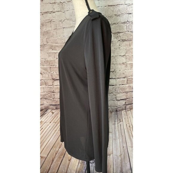 Ann Taylor Womens Sz L Black Long Sleeve Blouse Gold Bar Accent  Shoulder Detail - Picture 3 of 5